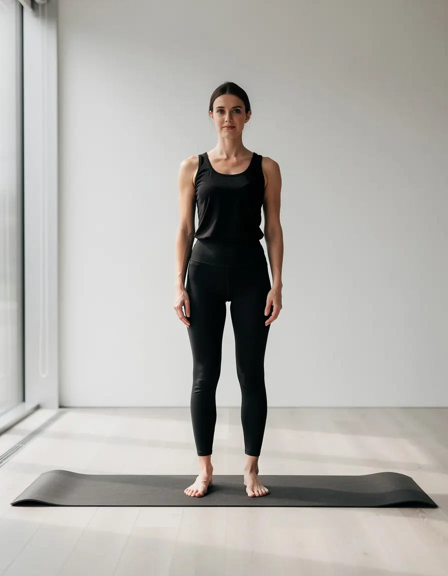 A woman standing on a yoga mat in a bright, empty studio